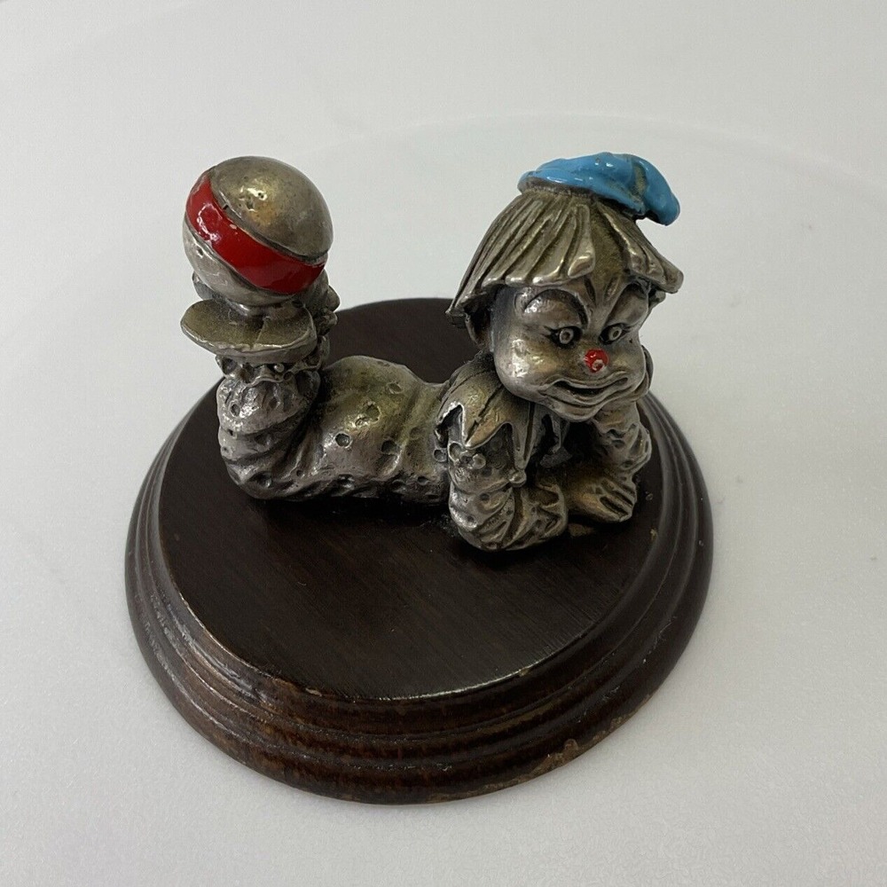 Vintage George Good Pewter Clown Balancing Ball On Feet Figurine on Wood Base
